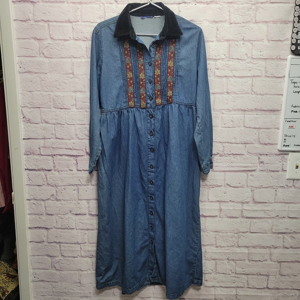 VTG‎ Erika Classics Floral Denim Maxi Dress L Button Down Modest Prairie Cottage